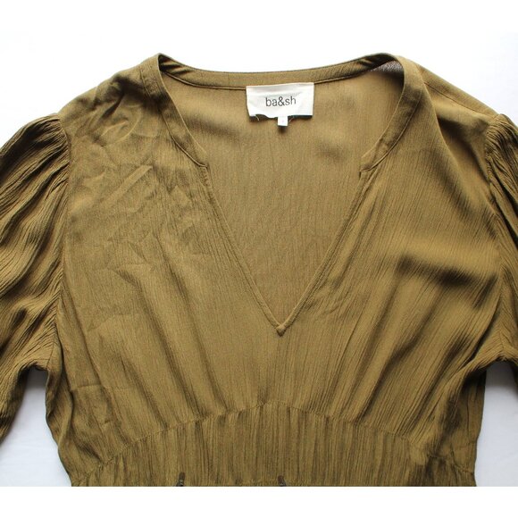 ba&sh Norma Midi Dress / Large / US 8 / Khaki Green V-Neck Smocked - Picture 7 of 11